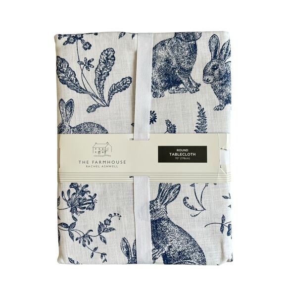 Rachel Ashwell Easter Blue Bunny Rabbit Toile Tablecloth 70in Round New - Picture 1 of 10